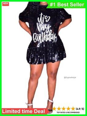 Sequin Letter Print Mini Dress Short Sleeve Ruffle Hem Party Clubwear
